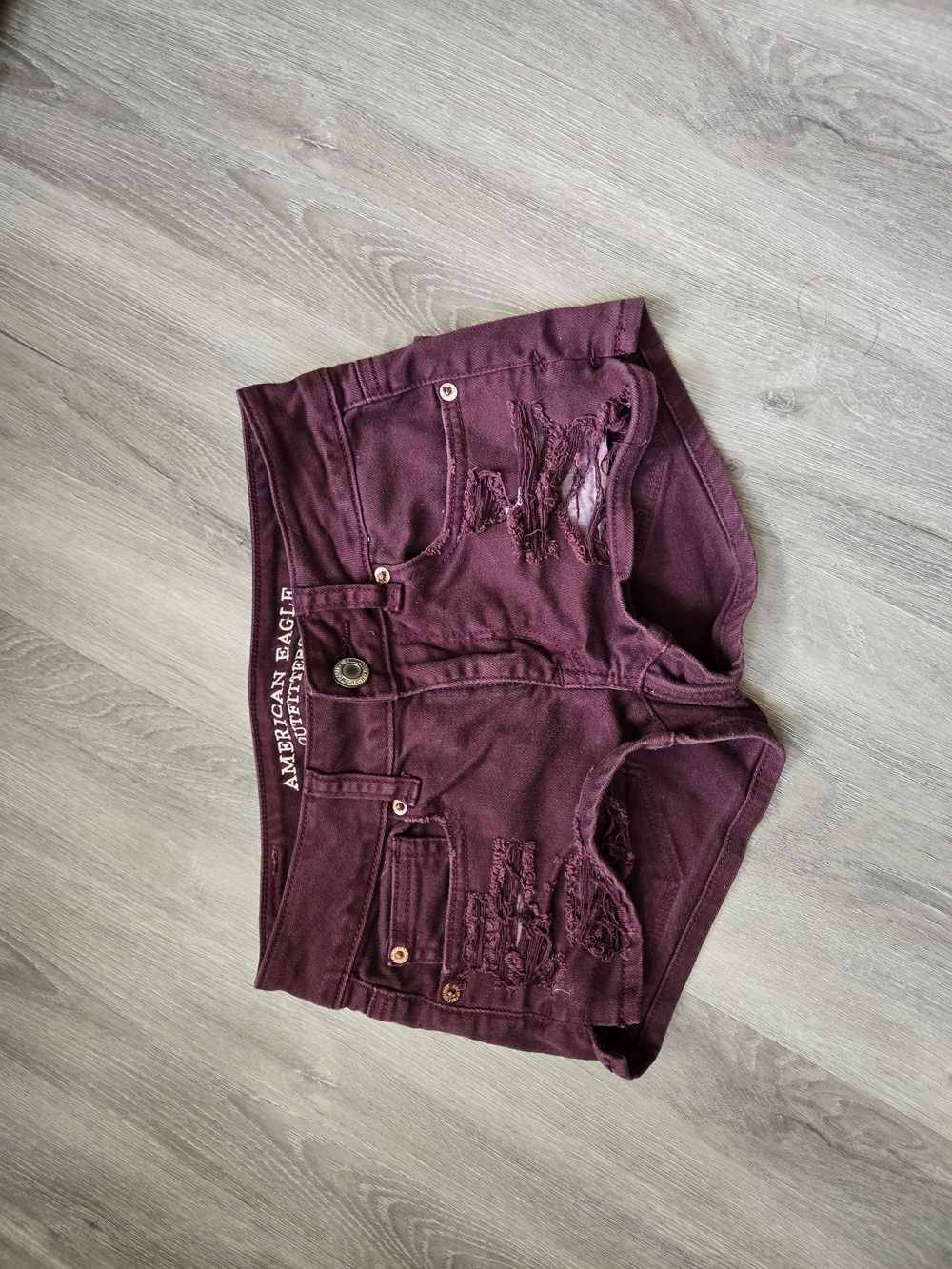 American Eagle Outfitters High-Rise Distressed Maroon Denim Shorts